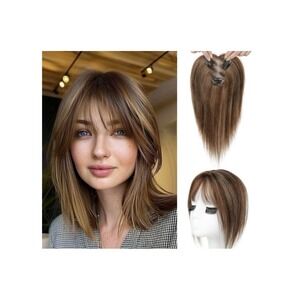 10" Human Hair Topper with Bangs Medium Brown Clip In Hair Extension 3D Base